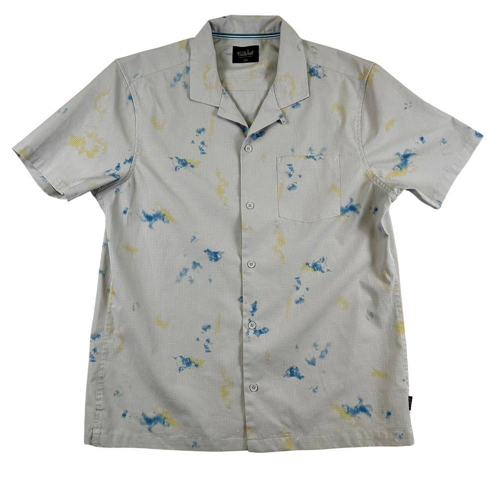 FarWest Shirt Mens Large Gray Blue Yellow Short Sleeve Button Up Pocket Casual
